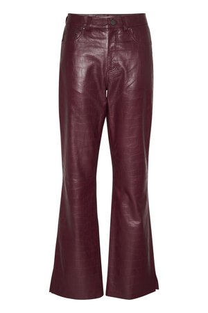 Crocodile-embossed, burgundy faux leather wide-leg trousers with a regular waistband and a front button closure. Features four pockets.