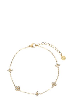 Gold chain bracelet featuring four floral motifs adorned with small white gemstones. Includes a lobster clasp and an adjustable chain.