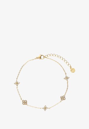 Gold chain bracelet featuring four floral motifs adorned with small white gemstones. Includes a lobster clasp and an adjustable chain.