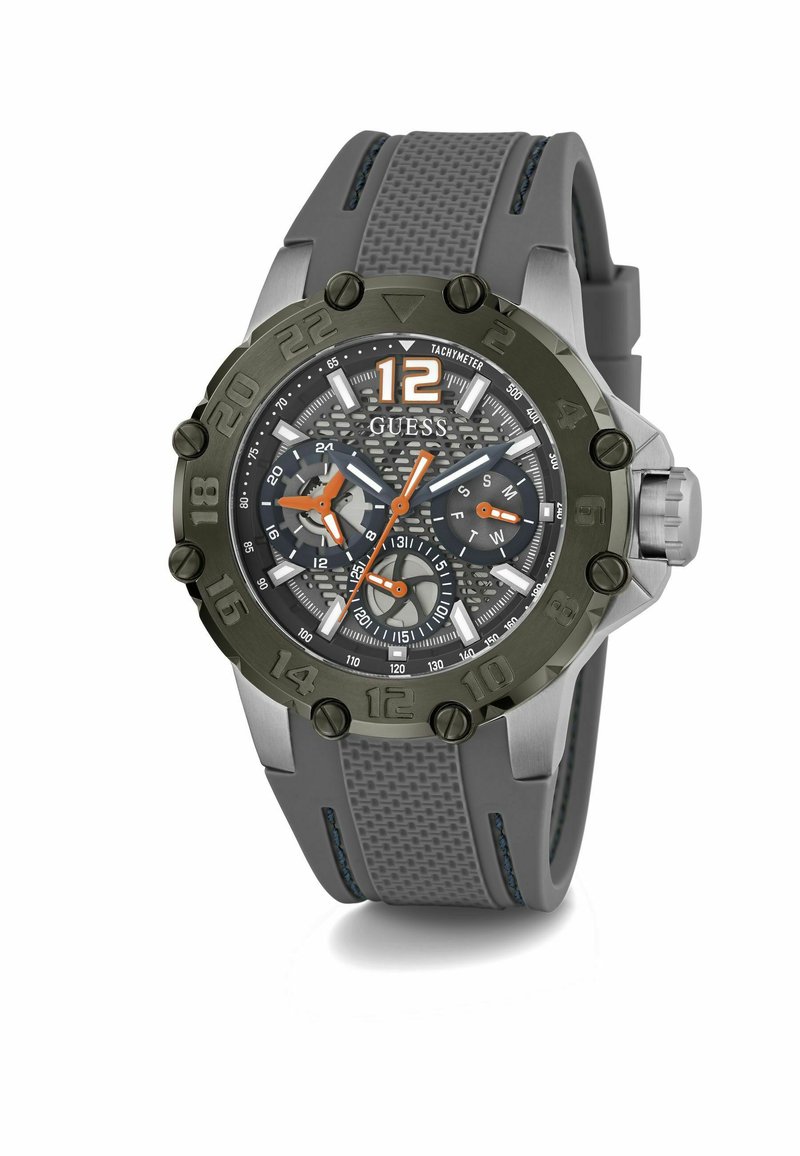 Orologio con cinturino in silicone grigio, quadrante grigio testurizzato, lunetta nera e verde, dettagli bianchi e arancioni, dotato di sottodial cronografo e tachimetro.