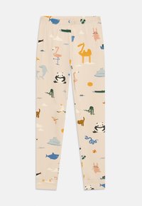 Beige gyermek leggings színes állatos mintákkal, beleértve pandát, flamingót, tevét, delfint, cápát, vízilovat, tigrist, polipot és nyulat.