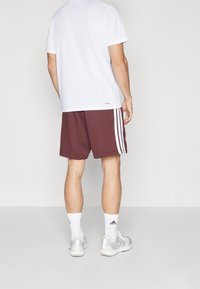 Vit t-shirt med kort ärm, vinröda shorts med vita ränder, ankellånga vita strumpor och grå sneakers. Enkel sportig design.