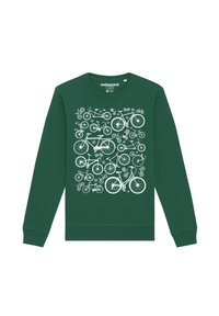 Groene sweatshirt gemaakt van zachte stof, met een wit fietsgraphicpatroon over de voorkant. Ronde halslijn en geribbelde manchetten.