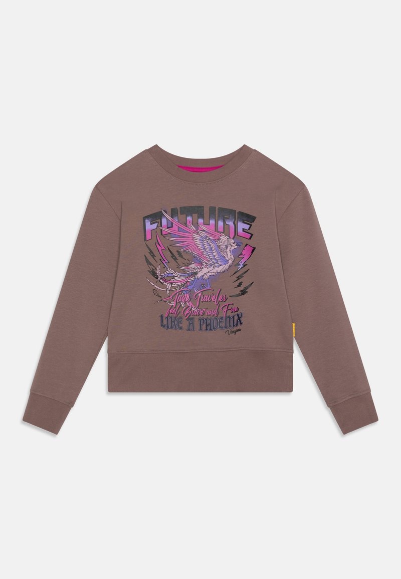 Sweat-shirt court marron à manches longues. Présente un motif graphique d'un phénix avec le texte "FUTURE" en rose et noir. Tissu doux, poignets côtelés.