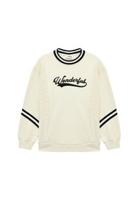 Crème sweatshirt met zwarte "Wonderful" borduring, kant zijpanelen en zwart-witte gestreepte manchetten en ronde hals. Zachte textuur.