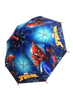 Blauer Regenschirm mit Marvels Spider-Man, roten Akzenten und einem Hintergrunddesign mit Spinnennetz, das bunte Charakterillustrationen zeigt.
