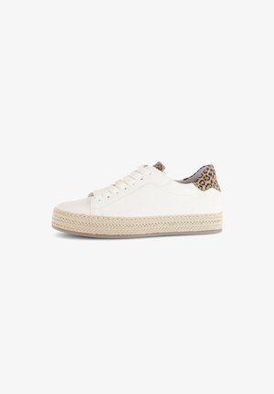 White sneaker with textured espadrille sole and leopard-print accent at the heel. Features flat laces and smooth material.
