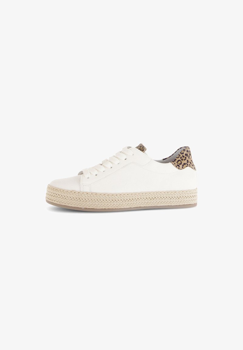 White sneaker with textured espadrille sole and leopard-print accent at the heel. Features flat laces and smooth material.