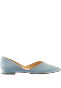 Light blue suede flat shoe with a pointed toe and a low, clear heel. Features a smooth texture and a sleek, minimalist design.