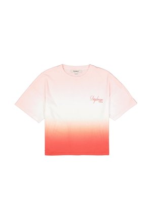 Korte mouw, cropped t-shirt met een verloopontwerp, van lichtroze naar koraal, met het "Daydream"-logo in sierletters op de linkerborst.