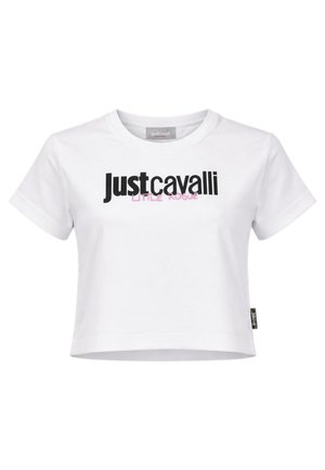 T-shirt bianca corta con scritta "Just Cavalli" in nero grassetto e "Little Rogue" in rosa sul davanti, maniche corte, collo rotondo.