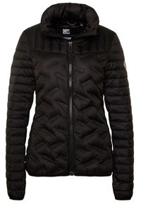 Giubbotto imbottito nero con zip sul davanti, colletto alto e design trapuntato. Presenta maniche lunghe e una texture liscia con una lieve lucentezza.