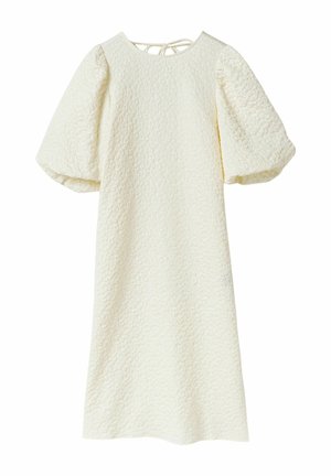 Kreminės spalvos tekstūruota midi suknelė su pūstomis alkūnės ilgio rankovėmis ir užrišama uždarymo kaklo gale.
