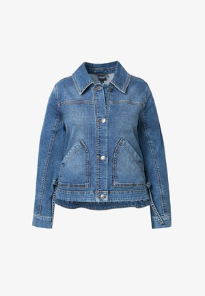 Lysblå denimjakke med knaplukning foran, spidse kraver og to brystlommer. Syninger langs sømmene.