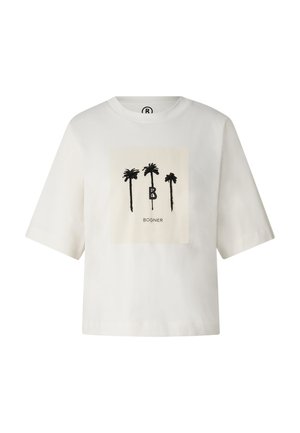 Hvid t-shirt med korte ærmer, tre sorte palmer og et "B" flagdesign over ordet "BOGNER" på forsiden.