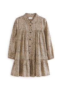 Löydä klassinen leopardi-kuosiset mekko, jossa on nappikiinnitys, kauluskanteen, pitkät hihat ja kerroksellinen helma. Valmistettu kevyestä kankaasta, jossa on pehmeä rakenne.