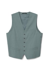 Hellegrauer ärmelloser Weste aus gewebtem Stoff, mit V-Ausschnitt, sechs vorderen Knöpfen, zwei seitlichen Taschen und einem glatten Innenfutter.