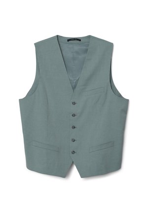 Gilet senza maniche grigio chiaro in tessuto intrecciato, con scollatura a V, sei bottoni frontali, due tasche laterali e una fodera interna liscia.