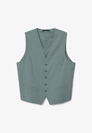 Gilet senza maniche grigio chiaro in tessuto intrecciato, con scollatura a V, sei bottoni frontali, due tasche laterali e una fodera interna liscia.