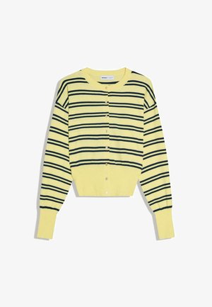 Keltainen napillinen neuletakki, jossa mustat vaakasuorat raidat ja pitkät hihat, resorit hihansuissa ja helmassa.