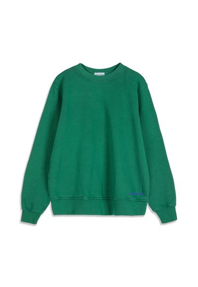 Sweat-shirt vert uni à col rond avec manches longues et poignets et ourlet côtelés, posé à plat sur un fond blanc.