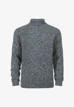 Sweter dzianinowy z wysokim kołnierzem, w ciemnogranatowej i szarej melanżowej przędzy. Posiada długie rękawy oraz ściągacze przy mankietach i u dołu.