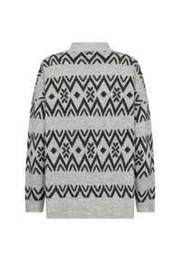 Gebreide cardigan in lichtgrijs met zwart geometrisch patroon, met lange mouwen en een relaxte pasvorm, geschikt voor lagen.