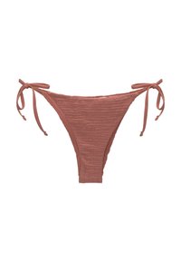 Bas de bikini rose, en tissu texturé, avec des liens ajustables de chaque côté et une forme triangulaire.