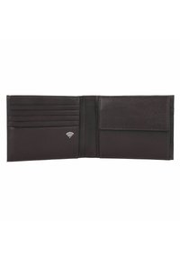 Cartera de cuero marrón con múltiples ranuras para tarjetas, un bolsillo único y un símbolo de protección RFID. Textura suave y diseño plegable.