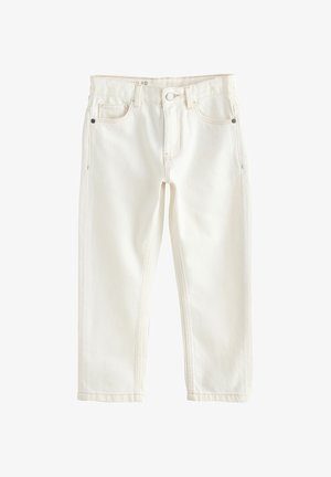 Dziecięce proste jeansy w kolorze ecru z przodem na guziki i zamek, szlufkami na pasek oraz pięcioma kieszeniami.