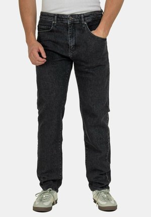 Dunkelgraue Jeans aus Denim mit geradem Schnitt, ausgestattet mit Fronttaschen, einem klassischen Knopf- und Reißverschluss sowie dezenten Nähten.