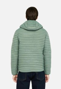 Grøn polstret jakke med vandret syninger, fastgjort hætte og glat tekstur, båret med mørke jeans. Bagviewet viser rene linjer og minimale detaljer.