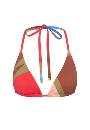 Haut de bikini triangle avec liens à nouer autour du cou en motif blocs de couleur rouge, marron, bleu, olive et rose.