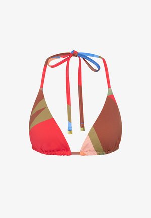 Trójkątny top od bikini z wiązaniami na szyi, w kolorowe bloki: czerwony, brązowy, niebieski, oliwkowy i różowy.