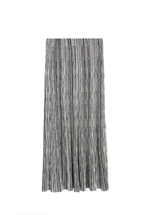 Gonna midi plissettata a righe bianche e nere, con vita elastica e tessuto strutturato per un maggiore interesse visivo.