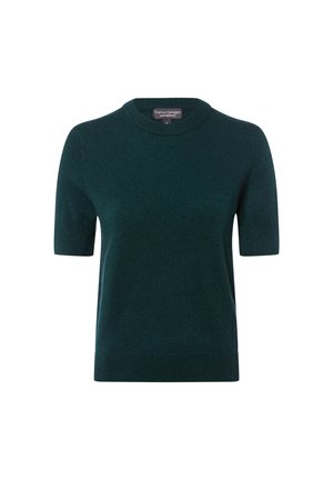 Kurzärmliger Pullover aus dunkelgrünem Strickstoff. Beinhaltet einen runden Halsausschnitt und einen gerippten Saum. Einfaches Design ohne sichtbare Muster oder Verzierungen.