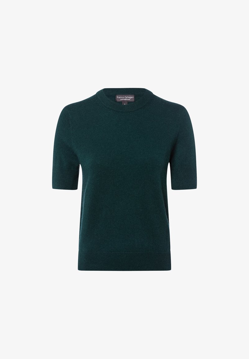 Korte mouw pullover van een donkergroene brei. Beschikt over een ronde halslijn en een ribbelrand. Eenvoudig ontwerp zonder zichtbare patronen of versieringen.