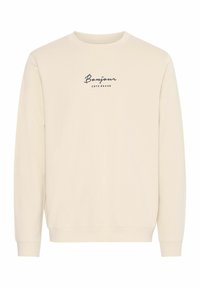 Felpa color crema con maniche lunghe, caratterizzata da un collo rotondo e una stampa testuale "Bonjour Côté d'Azur" in blu scuro.