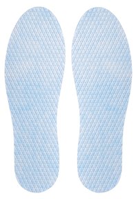 Blue insoles with a textured grid pattern, featuring a smooth finish and rounded edges, designed for comfort and support.