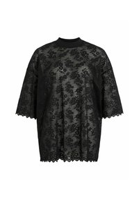 Czarna koronkowa bluzka z krótkimi rękawami, zdobiona kwiatowym wzorem i falistym obszyciem. Materiał jest prześwitujący o teksturowanym wyglądzie.