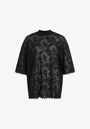 Schwarzes Spitzenoberteil mit kurzen Ärmeln, das ein Blumenmuster und einen gewellten Saum aufweist. Das Material ist transparent mit einer strukturierten Optik.