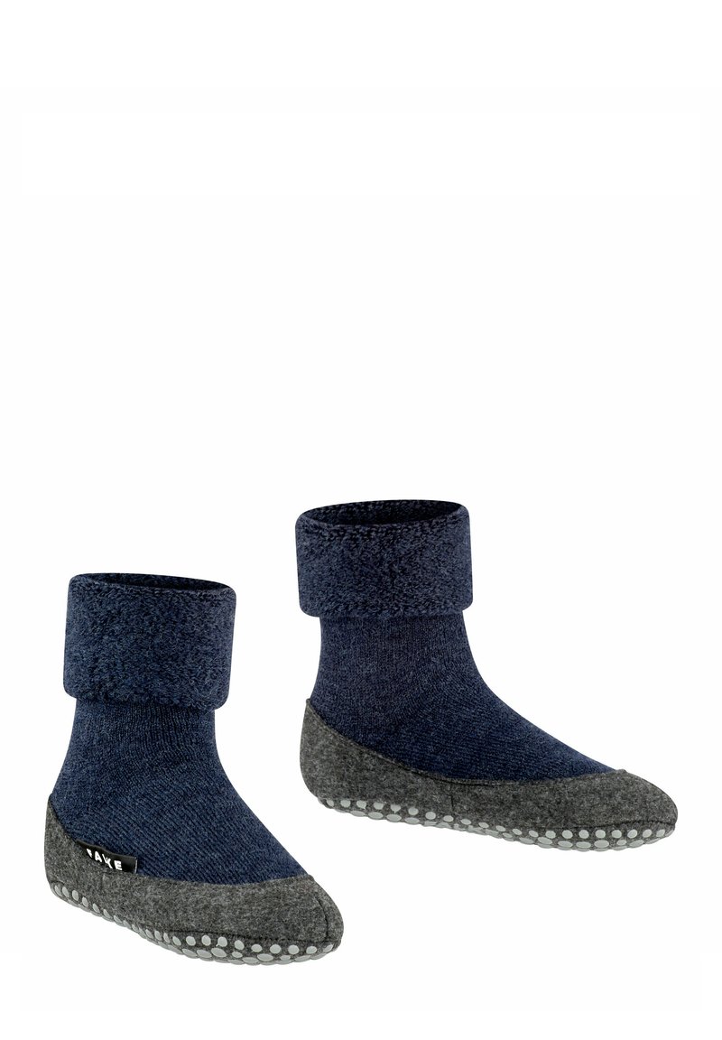 Marineblaue und graue kuschelige Socken mit geripptem Bündchen, weicher Textur, abgerundeter Form und Gummipunktenolen für Halt.