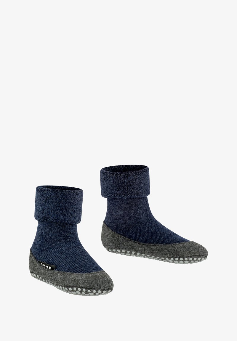 Marineblaue und graue kuschelige Socken mit geripptem Bündchen, weicher Textur, abgerundeter Form und Gummipunktenolen für Halt.