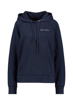 Granatowa bluza z kapturem z długimi rękawami, kapturem ze sznurkiem, ściągaczami na mankietach i dole, małe białe logo "Marc O’Polo" na lewej piersi.