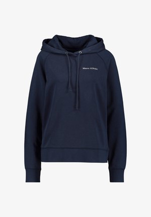 Sweat à capuche bleu marine à manches longues, capuche avec cordon de serrage, poignets et ourlet côtelés, petit logo blanc "Marc O’Polo" sur la poitrine gauche.