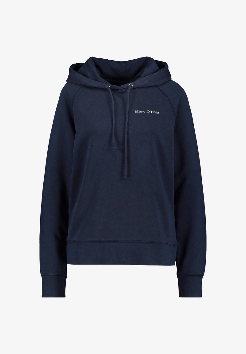 Sweat à capuche bleu marine à manches longues, capuche avec cordon de serrage, poignets et ourlet côtelés, petit logo blanc "Marc O’Polo" sur la poitrine gauche.