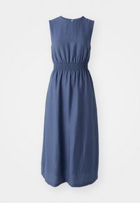 Sleeveless blue linen dress with a fitted smocked waist and a crew neckline, falling to mid-calf with a subtle sheen.