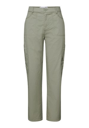 Light green cargo pants made from a sturdy fabric, featuring front and side pockets, a button closure, and a straight leg design.