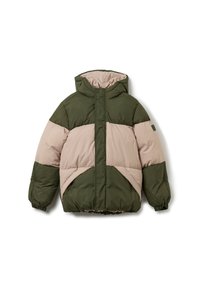 Giubbotto imbottito con pannelli verde olivo e rosa chiaro, cappuccio, polsini elasticizzati e chiusura a bottone. Morbido, tessuto trapuntato con design cucito.