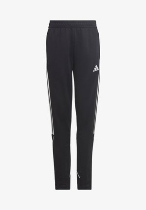 Schwarze Sporthose aus weichem Gewebe, mit weißen Seitstreifen, einem elastischen Bund und einem kleinen Logo am oberen linken Oberschenkel.